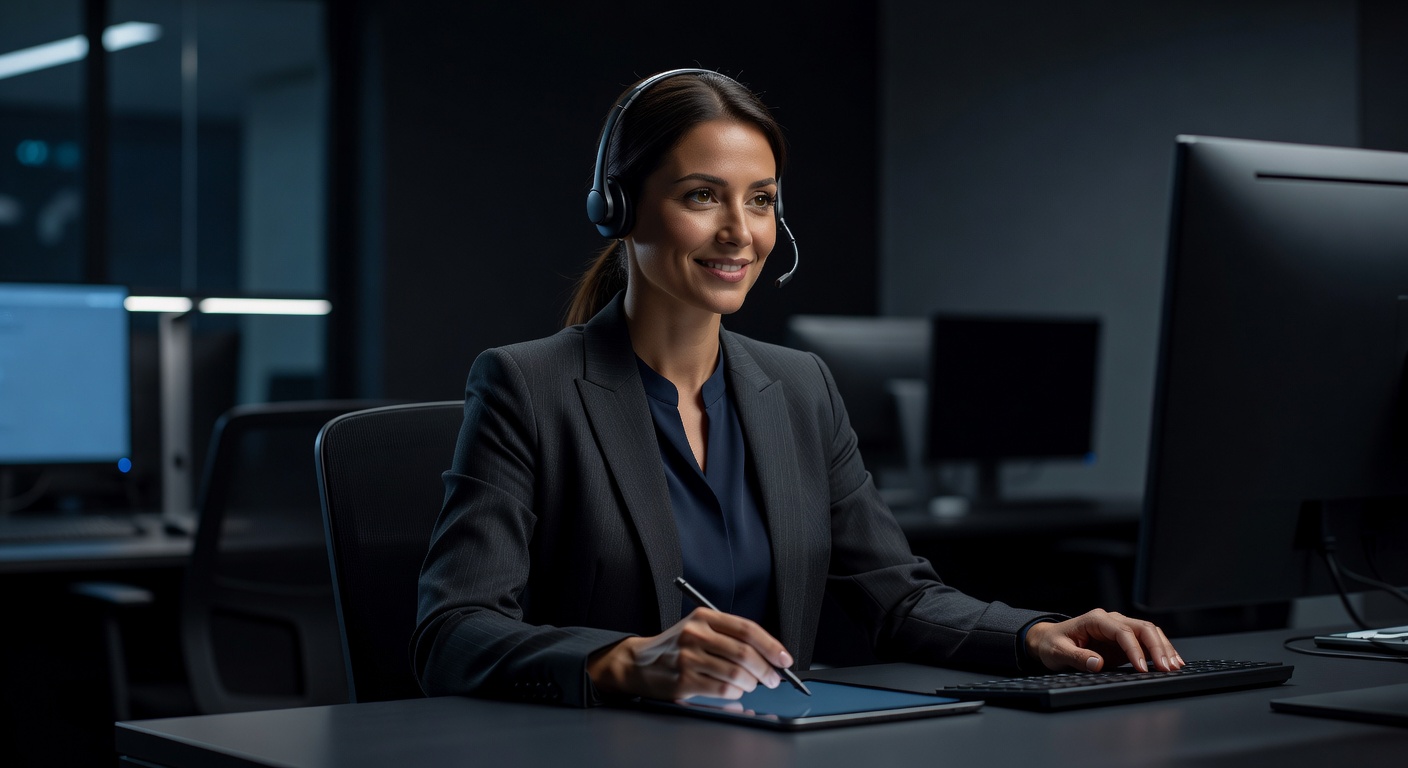 Customer support agent in modern dark office